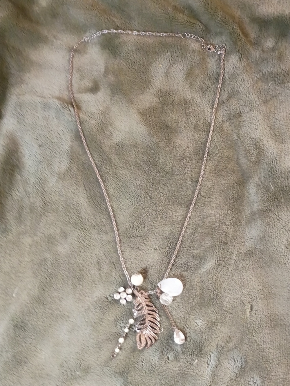 Vintage Silver Leaf Necklace with White Beads